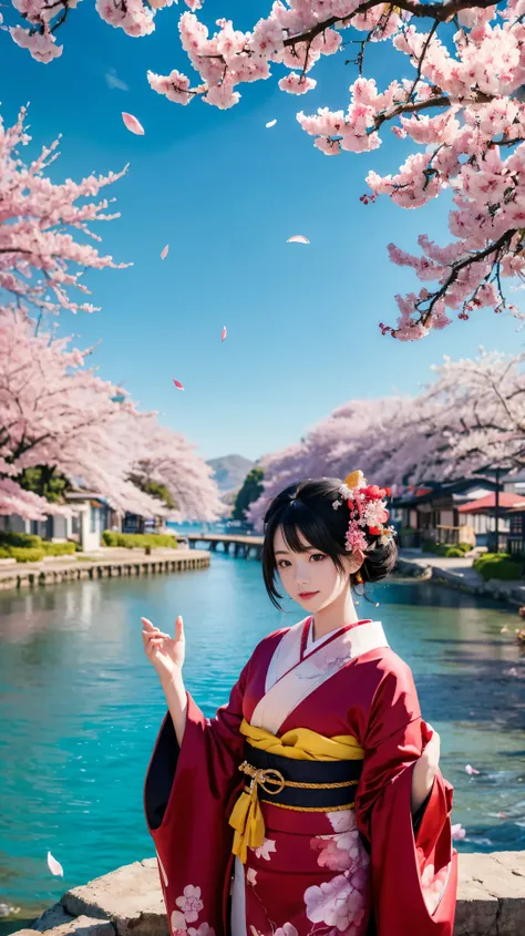 one girl,black hair, floating hair, seaside,景color,landscape,cherry blossoms, falling petals, sunbeam,god&#39;s rays,upper body,...