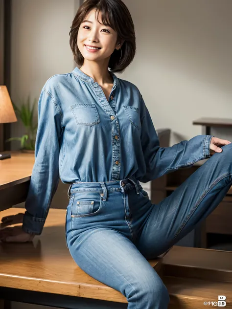 ((Best quality, 8k, Masterpiece :1.3)), actress Hirose Suzu, beautifully portrayed with precise detail: 1.3, (dark blue skinny jeans: 1.2), confident posture: 1.4, (bent knees slightly apart: 1.2), alluring charm: 1.4, delicate facial features: 1.2, captiv...