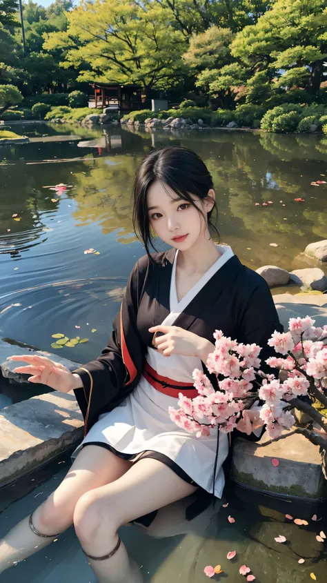 one girl,black hair, floating hair, japanese garden，by the pond，景color,landscape,cherry blossoms, falling petals, sunbeam,god&#3...