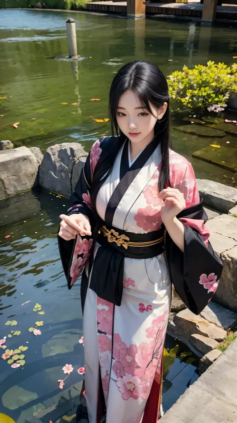 one girl,black hair, floating hair, japanese garden，by the pond，景color,landscape,cherry blossoms, falling petals, sunbeam,god&#3...