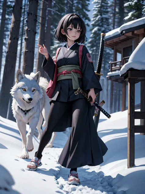 Girl walking with wolf in snowy forest with hut,Anime girl with a Japanese sword on her waist, A wolf is by his side,Amazing anime 8k, 4k anime wallpaper, anime wallpaper 4k, anime wallpaper 4k, anime art wallpaper 4k, anime art wallpaper 4k, anime art wal...