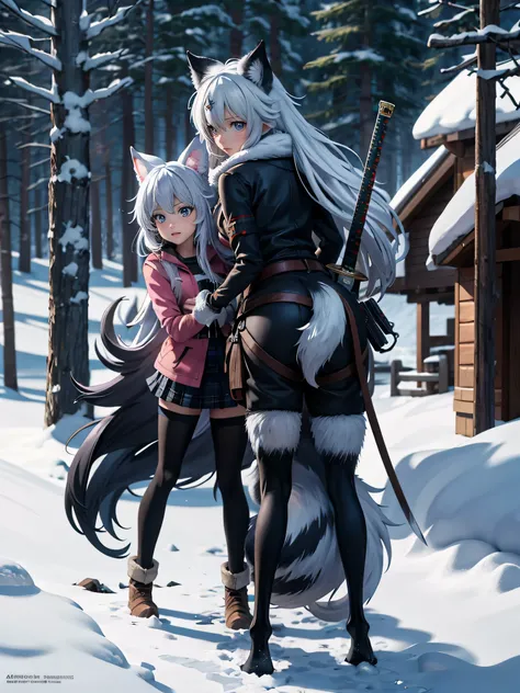 Anime girl with sword and wolf in snowy forest with hut, Amazing anime 8k, 4k anime wallpaper, anime wallpaper 4k, anime wallpaper 4k, anime art wallpaper 4k, anime art wallpaper 4k, anime art wallpaper 8k, 4K Manga Wallpapers, Female Action Anime Girl, An...