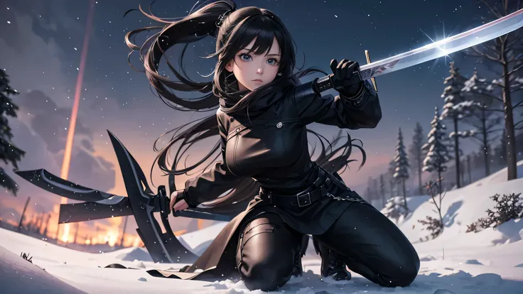 anime girl kneeling in the snow wearing black clothes and holding a sword, amazing anime 8k, she has a sword, anime style 4k, gw...