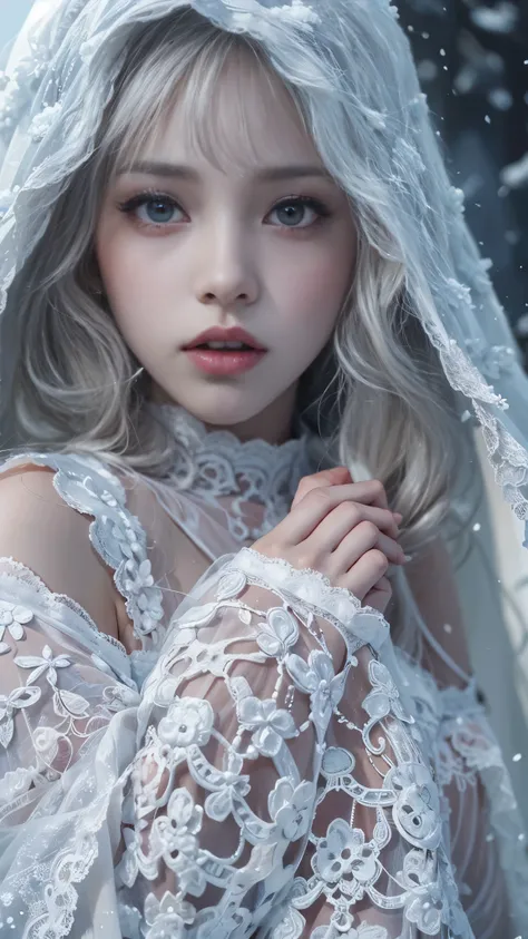 （8k，RAW photos， Best quality， masterpiece：1.2），（Realistically， Shoot real：1.4)，hide your face from sadness，
Lolita clothing，Lace， Iris Gainsborough， Upper part of the body，thigh，Lace， underwear，Expose bare shoulders， external， (external，Covered with snow，c...