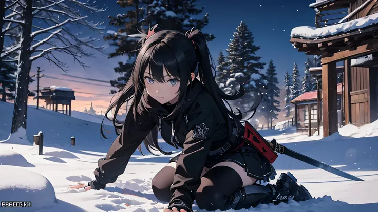 Anime girl kneeling in the snow wearing black clothes and holding a sword, Amazing anime 8k, She has a sword, Anime Style 4k, Gweiz style artwork, anime wallpaper 4k, anime wallpaper 4k, anime art wallpaper 8k, 4k anime wallpaper, anime art wallpaper 4k, a...