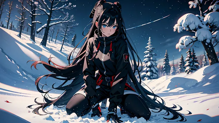 Anime girl kneeling in the snow wearing black clothes and holding a sword, Amazing anime 8k, She has a sword, Anime Style 4k, Gweiz style artwork, anime wallpaper 4k, anime wallpaper 4k, anime art wallpaper 8k, 4k anime wallpaper, anime art wallpaper 4k, a...