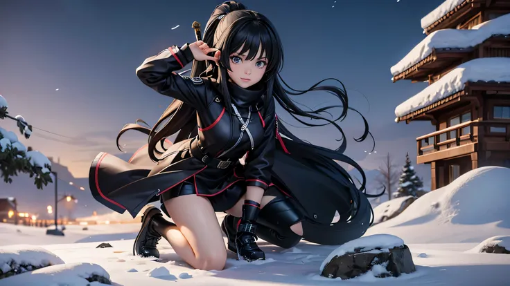 Anime girl kneeling in the snow wearing black clothes and holding a sword, Amazing anime 8k, She has a sword, Anime Style 4k, Gweiz style artwork, anime wallpaper 4k, anime wallpaper 4k, anime art wallpaper 8k, 4k anime wallpaper, anime art wallpaper 4k, a...