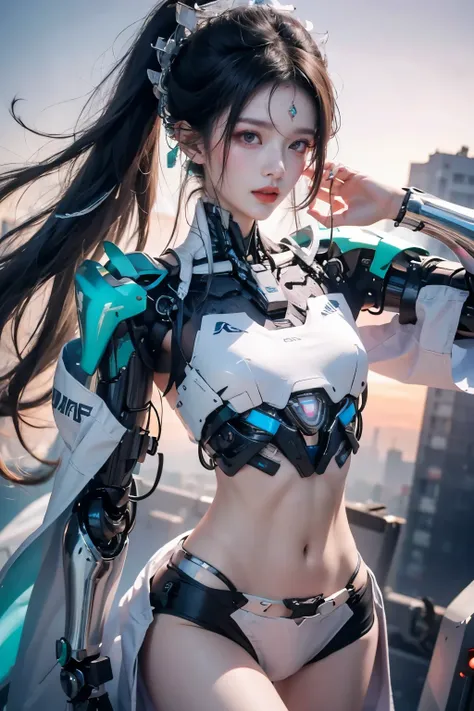 tmasterpiece,Best quality at best,A high resolution,8K,(portrait),(Close up of avatar),(RAW photogr),real photograph,digital photography,(cyberpunk queen),14-year-old girl,long ponytail hairstyle,By bangs,(pink and silver gradient hair),(Glowing emerald gr...