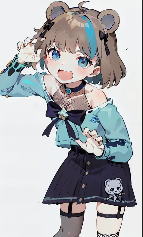 masterpiece, best quality, 1girl, bear ears, brown hair, streaked hair, blue eyes, grey eyes, bear hairpins, neck belt, green cardigan, blue dress, blue ribbon, chest ribbon, chest jewel, blue jewel, yellow jewel, green jewel, arm belts,buttoned dress, leg...