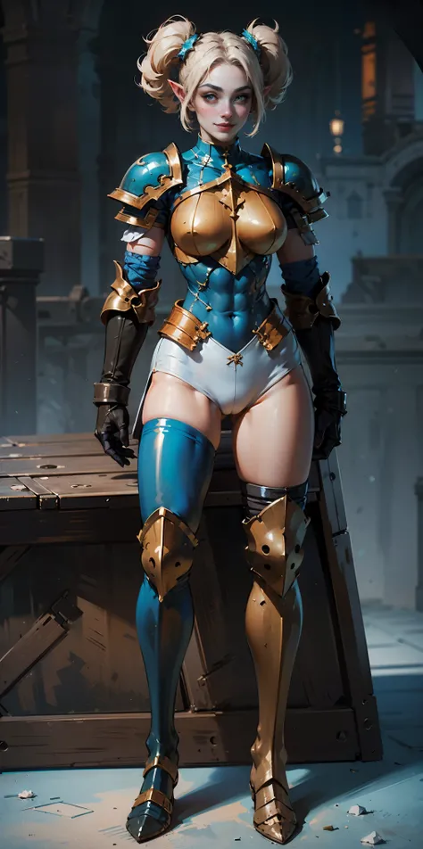 full body sitting on a bench showing ass to me, BLUE breastplate, BLUE skin (1girl)(BLUE skin:1.2), looking at viewer, shiny, armor, thigh highs, high boots, pauldrons shoulder armor, faulds, poleyn, gloves, gauntlets, rerebrace armored boots, (masterpiece...