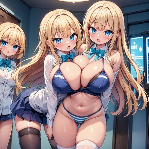 highest quality,wonderful,finely,extremely detailed CG Unity 8K wallpaper, (3 girls, cute eyes, Light blue striped micro bikini 1.4, clothed), (sparkling eyes), (huge breasts:1.2), (bent over:1.3), (open mouth:1.1), (long tongue:1.1), (mouth drool:1.1), (b...