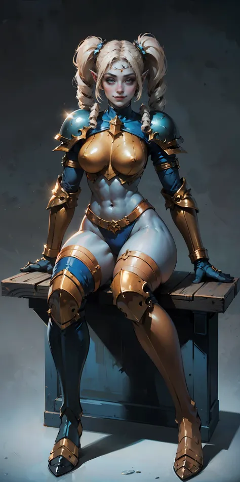 full body sitting on a bench showing ass to me, BLUE breastplate, BLUE skin (1girl)(BLUE skin:1.2), looking at viewer, shiny, armor, thigh highs, high boots, pauldrons shoulder armor, faulds, poleyn, gloves, gauntlets, rerebrace armored boots, (masterpiece...