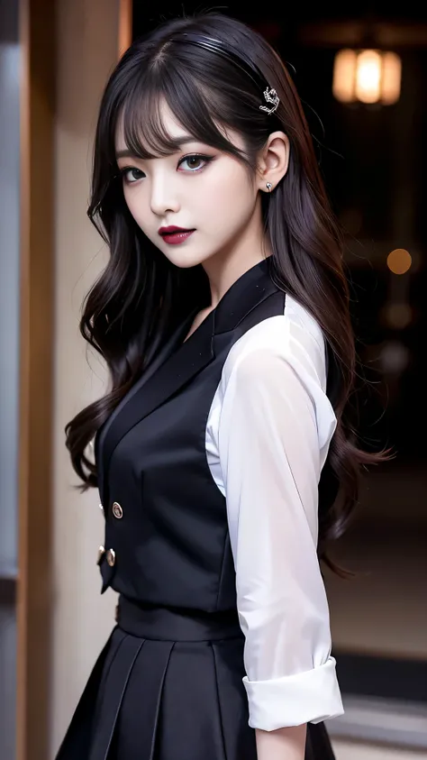 2girls、best quality、ultra-detailed、4k、Japanese、Seductive beauty、seductive adult woman、Pretty Woman、cool girl、Villainess、Brainwashed、brainwash、Fallen into evil、smirk、Evil look、Wicked Smile、evil、Brown hair、wavy hair、swept bangs、dark makeup、dark makeup、pierci...