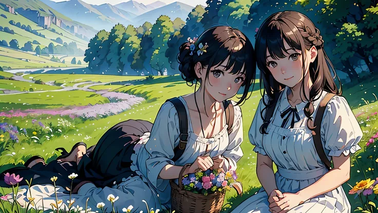 (highest quality、High resolution、masterpiece)、(Anime Art 4k)、(Realistic)、((Two women、20-year-old、whole body、While looking at the beautiful scenery、taking a walk、Basket full of flowers))、(Detailed depiction of a beautiful face)、Smiling Kindly、Medium Short H...