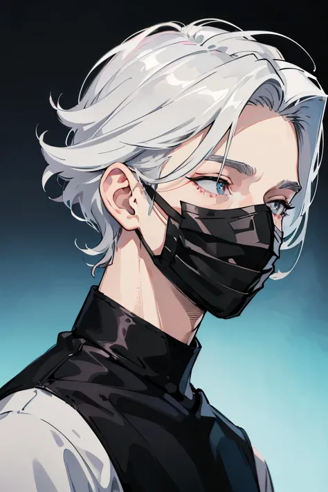 (masterpiece, best quality), ((1boy)), handsome, pale white skin, white hair, messy hair, (face mask), (black mask:1.4), hair over eyes, visible jawline, side face, looking away, ((pov looking away)), (hair over eyes:1.4), sharp chin, ((grey tshirt)), port...