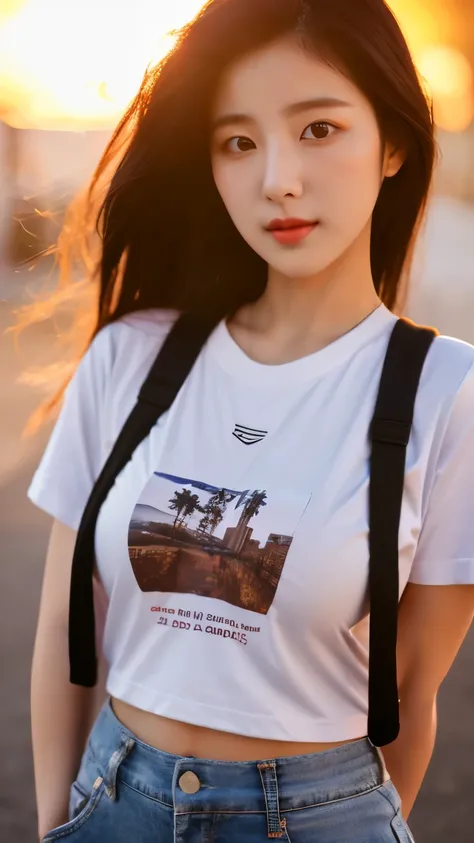 close-up of beautiful korean female, 34 inch breasts size, wearing  t-shirt, pants, carry backpack, sunset light, bokeh background, UHD