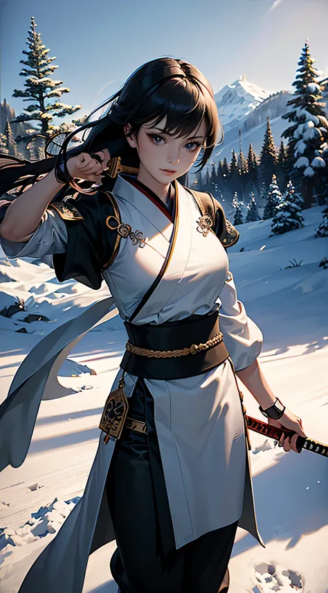 masterpiece, highest quality, (Highly detailed CG Unity 8k wallpaper), (highest quality), (Best illustrations), (Best Shadow),female swordsman, 28 years old, Japanese sword, stance,moonlight, snow, chaos,