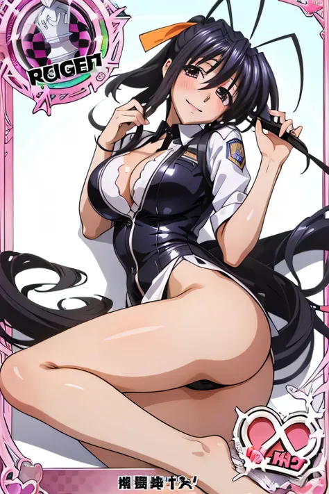 Himejima Akeno、Long Hair、(draw the eyes:1.2)、one person
、blush、smile
、(You can see her chest)
、(Butt Exposed)
、Raise your right leg
、(policewoman)
、(highest quality)
、(Fine skin:1.3)


