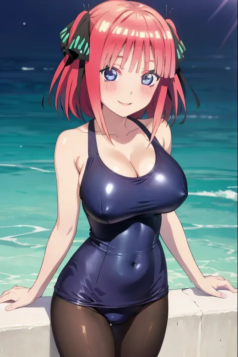 best quality, ultra-detailed masterpiece, anime art style, cute characters, nino nakano, one-piece swimsuit, large breasts, pantyhose, blush, smile