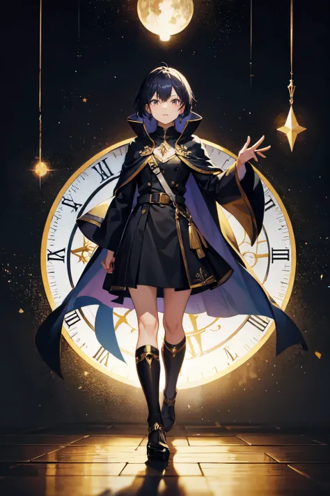 full-body wizard, with a large image of a cosmic clock just above his head, no beard, wizard with black clothes, very dark blue cape with yellow details, long light purple hair, red eyes, earrings.