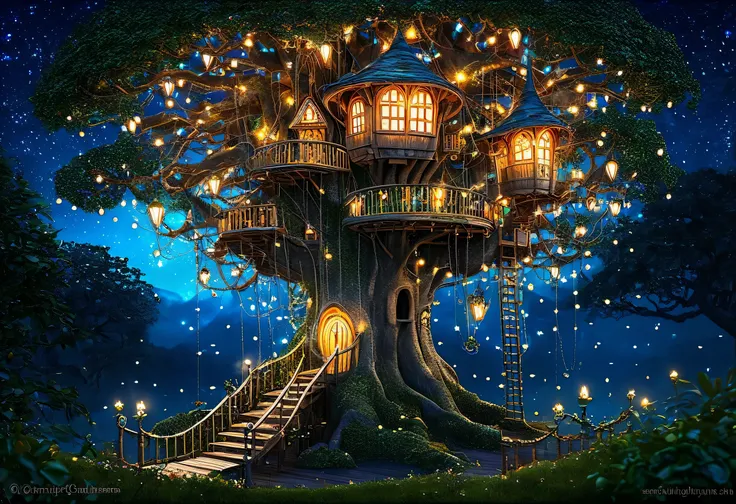 There is a treehouse that is lit up with fairy lights at night, Magic fantasy highly detailed, enchanted magical fantasy forest, magical fantasy forest, Magic fairy background, Beautiful depiction of a fairy tale, Magic Tree, Detailed fantasy digital art, ...