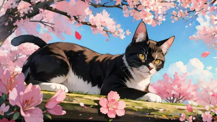 sleeping Japanese cat which is calico, in the park, sunny sky, blooming azalea, Japanese anime style