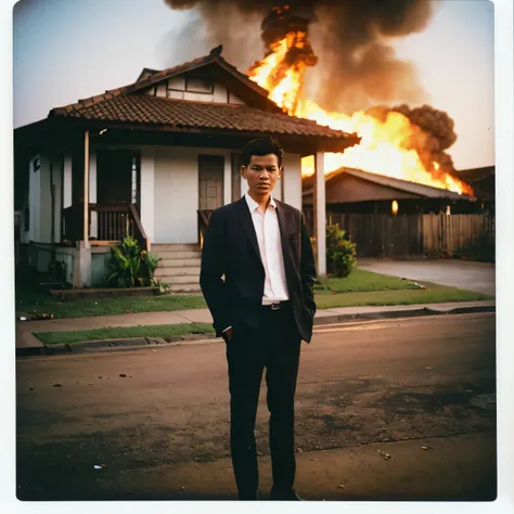 , full body of a man standing like a model, with a burning house in the background, Indonesian house fire, polaroid 