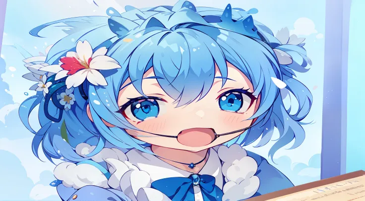 a girl with blue hair and a nose ring, in a cute anime art style. she is portrayed in a realistic portrait with a touch of whims...