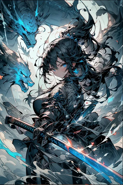 (((masterpiece))), (best quality), (ultra detail), (very_high_resolution), (large_filesize), One Girl, 女Swordsman, Swordsman, thunder, blue eyes, Big Sword, Large sword, watercolor, Black and White, High definition, high resolution, High resolution, Master...