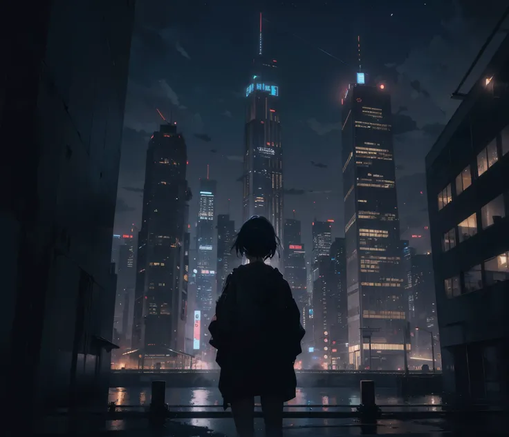 nighttime scene of a woman looking at a city skyline, in front of a sci fi cityscape, inspired by Liam Wong, 4k anime wallpaper, digital cyberpunk anime art, tokyo anime scene, anime art wallpaper 8 k, makoto shinkai. octane render, anime style 4 k, anime ...