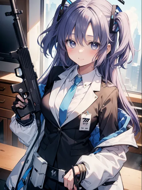 Yuka Hayase、Good looking girl (blush, Perfect Face), independent , Looking at the camera, masterpiece, Anime art style, Cute Characters, Most detailed, high quality、Nico Nico Smile、Combat Uniform、He has a gun