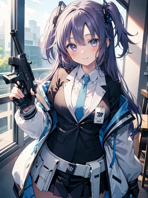 Yuka Hayase、Good looking girl (blush, Perfect Face), independent , Looking at the camera, masterpiece, Anime art style, Cute Characters, Most detailed, high quality、Nico Nico Smile、Combat Uniform、He has a gun