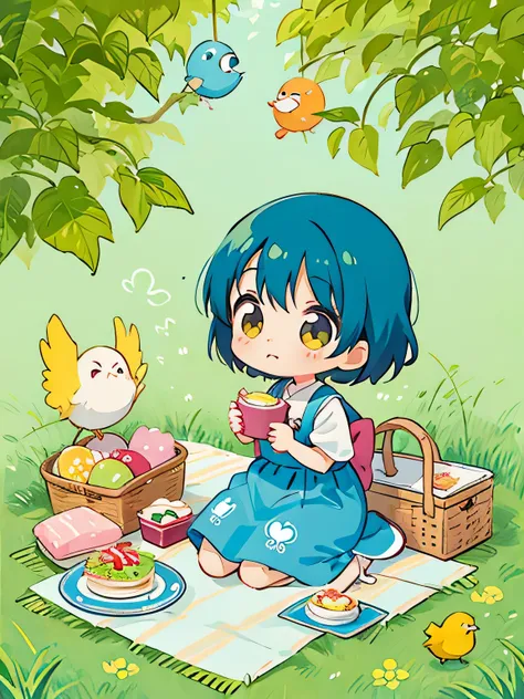 Fujio Akatsuka Style, Kawaii Design, most beautiful girl ever、Chibi, birdie、picnic