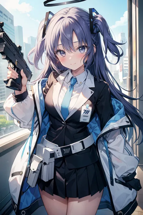 Yuka Hayase、Good looking girl (blush, Perfect Face), independent , Looking at the camera, masterpiece, Anime art style, Cute Characters, Most detailed, high quality、Nico Nico Smile、Combat Uniform、He has a gun