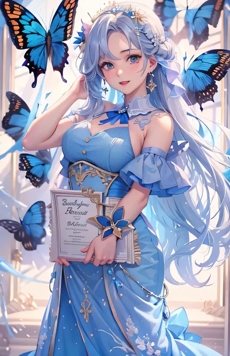 ((highest quality)), ((masterpiece)), (Get used to it), Perfect Face , beautiful girl , big breasts , Long and beautiful hair , Blue Butterfly々 ,