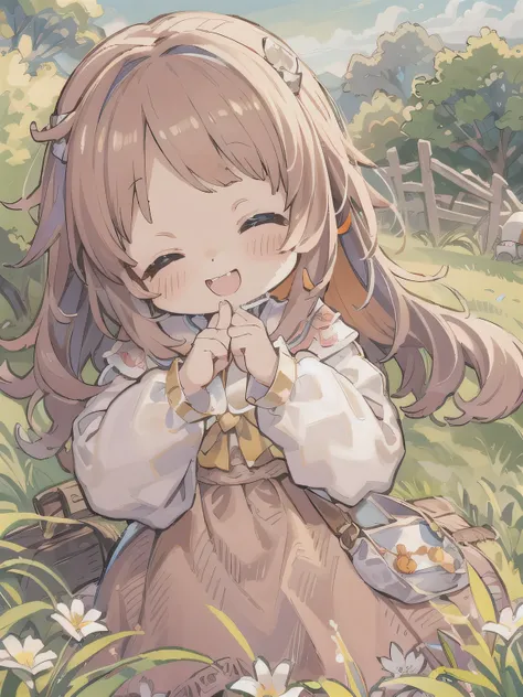 cute、8 year old girl、best smile、Chibi, beautiful anime scene, countryside landscape, Field Background, beautiful anime scenery, Beautiful peace scene in anime, agriculture、farmer、 Sleep with a happy face on the grass、Gentle breeze