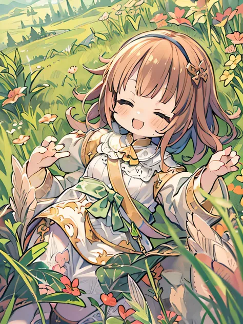 cute、8 year old girl、best smile、Chibi, beautiful anime scene, countryside landscape, Field Background, beautiful anime scenery, Beautiful peace scene in anime, agriculture、farmer、 Sleep with a happy face on the grass、Gentle breeze