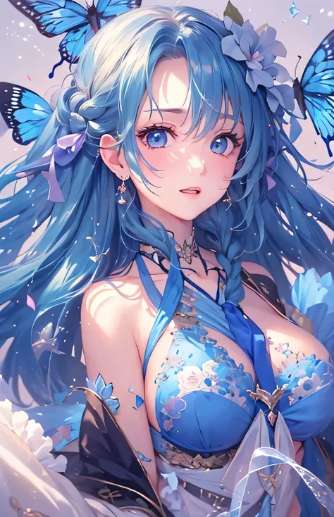 ((highest quality)), ((masterpiece)), (Get used to it), Perfect Face , beautiful girl , big breasts , Long and beautiful hair , Braided Hair , Blue Butterfly々 ,