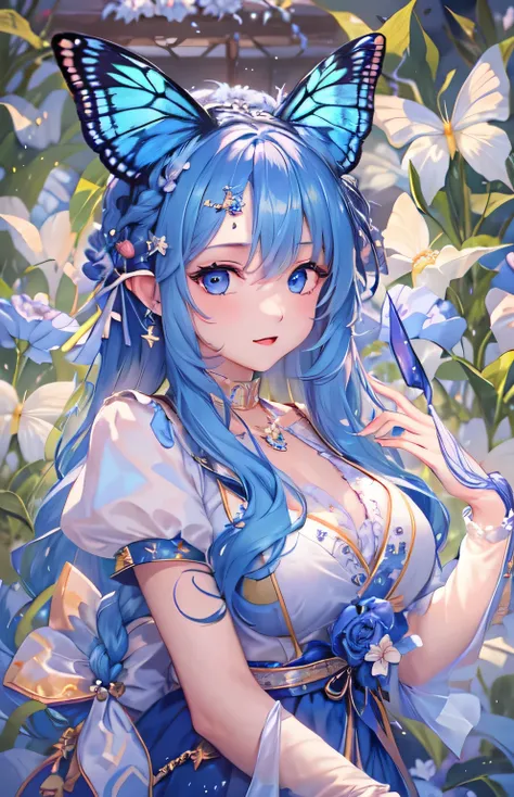 ((highest quality)), ((masterpiece)), (Get used to it), Perfect Face , beautiful girl , big breasts , Long and beautiful hair , Braided Hair , Blue Butterfly々 ,