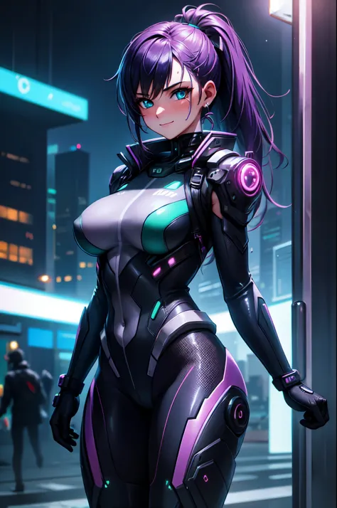 (High quality, High resolution, Fine details), cyberpunk style, urban setting, cyberpunk cityscape background, neon signs, glowing lights, cybernetic enhancements, metallic textures, cyber suit, city lights reflected on suit, gloves with neon lights, solo,...