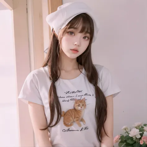 araffe girl with a white hat and a white shirt, lalisa manobal, ulzzang, brown long hair with bangs, korean girl, jaeyeon nam, long hair with bangs, heonhwa choe, very beautiful cute catgirl, white ( cat ) girl, sakimichan, neat hair with bangs