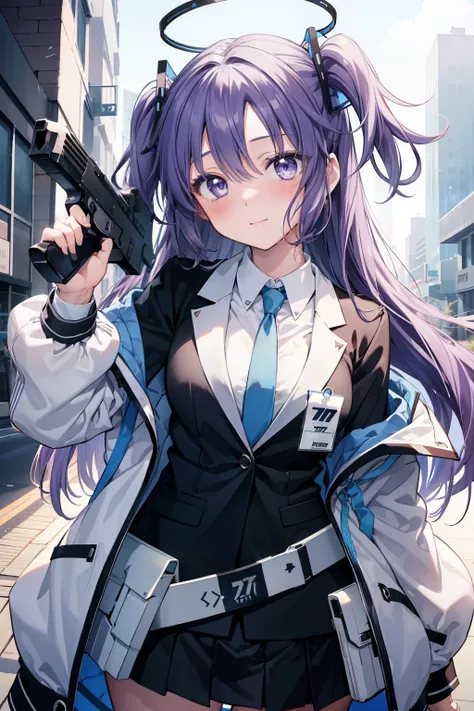 Yuka Hayase、Good looking girl (blush, Perfect Face), independent , Looking at the camera, masterpiece, Anime art style, Cute Characters, Most detailed, high quality、Nico Nico Smile、Combat Uniform、He has a gun、Purple hair and eyes