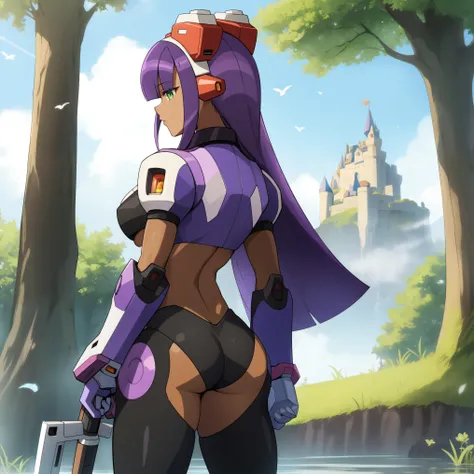 layer_megamanx, 1girl, solo, long hair, purple hair, green eyes, blunt bangs, hair over eyes, large breasts, dark skin, dark-skinned female, android, underboob, robot ears, high quality, masterpiece, standing next to a swamp and castle surrounded by mist, ...