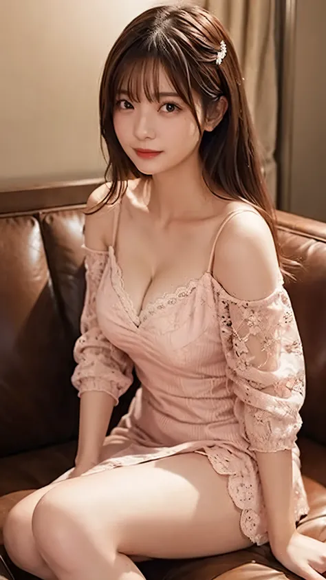 18-year-old hostess、hostess、Neat red lace dress、Sit on the sofa and serve customers、Beautiful cleavage、Beautiful clavicle、Deep slit hem、slender、Beautiful white legs、Highest quality、highest quality、4k、、Reproduction to the smallest detail、Dimly lit lounge、Ap...