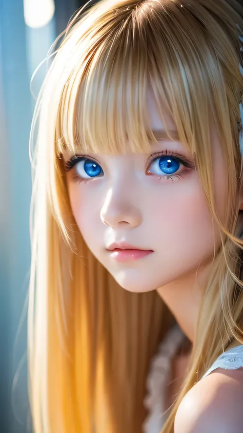 1 girl, very messy blonde hair, beautiful blonde、very beautiful super long shiny hair、bangs over eyes、very beautiful cute face、t...