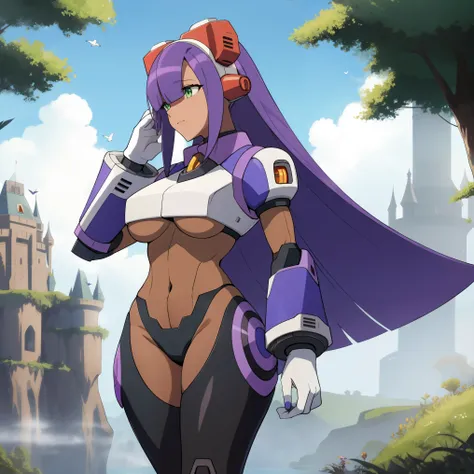 layer_megamanx, 1girl, solo, long hair, purple hair, green eyes, blunt bangs, hair over eyes, large breasts, dark skin, dark-skinned female, android, underboob, robot ears, high quality, masterpiece, standing next to a swamp and castle surrounded by mist, ...