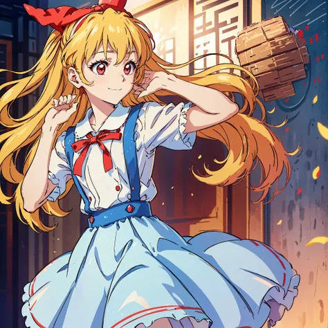 (red ribbon on hairband:1.2),（8K, best quality, muste piece:1.2)、ultra high resolution,1 very cute girl,hosimiya ichigo,ultra-detailed face, detailed eyes,RED eyes,,White sailor collar plain short sleeve shirt,light blue skirt,Light blue suspenders,uniform...