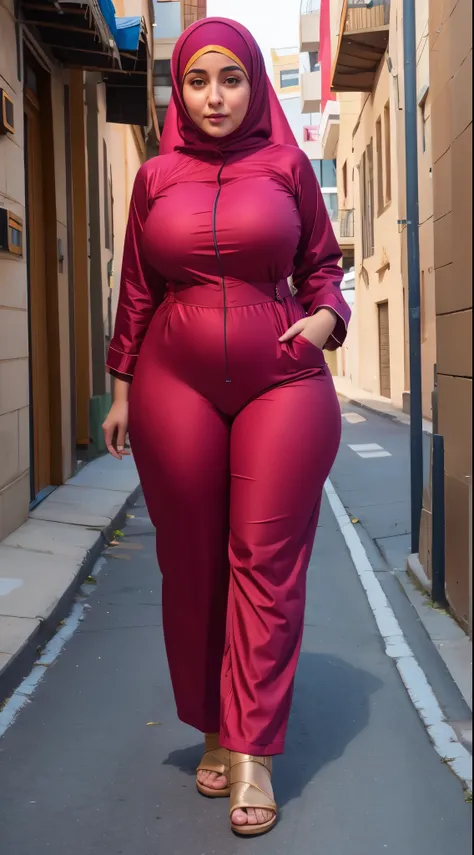 Arabic Woman in street, hijab, muslim ,curvy body , wearing jumpsuit pajamas, beautiful woman, very detail ,pawg, long legs ,thick high, full body in camera, pawg, wearing strap wedges