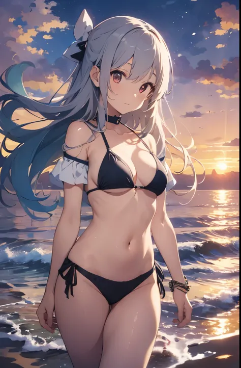 A young girl in a Japanese anime style standing on a deserted white sandy beach, wearing a bikini. The background features a beautiful sunset, with the sky and sea tinted orange by the setting sun. The girl has a relaxed expression, capturing the peaceful ...