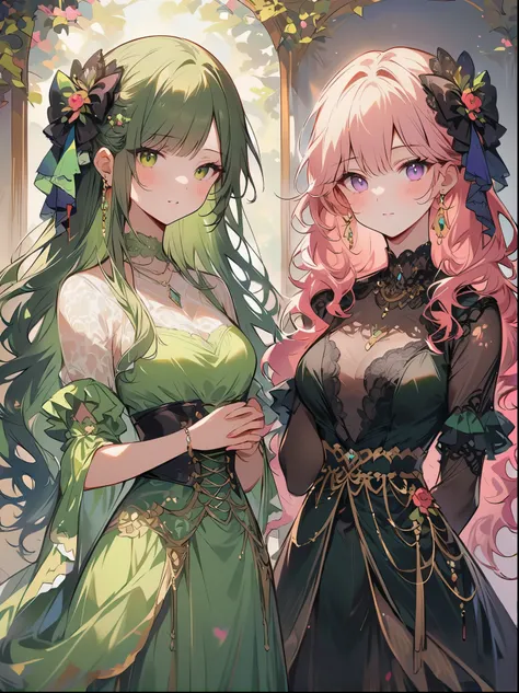 ((High quality work)), Simple and clean lines, The green dress and beautiful ruffled lace complement each other, Enriches the layering of the entire picture, Elegant Edwardian lace dresses and princess dresses add a lot of color to the character, Hands beh...